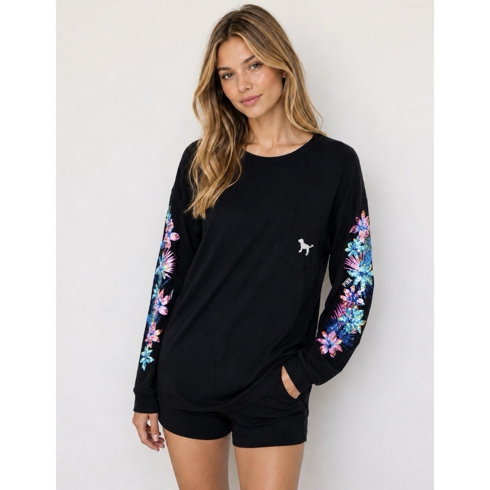 Victorias Secret PINK Floral Sequin Bling Campus Long Sleeve Shirt Black SZ S